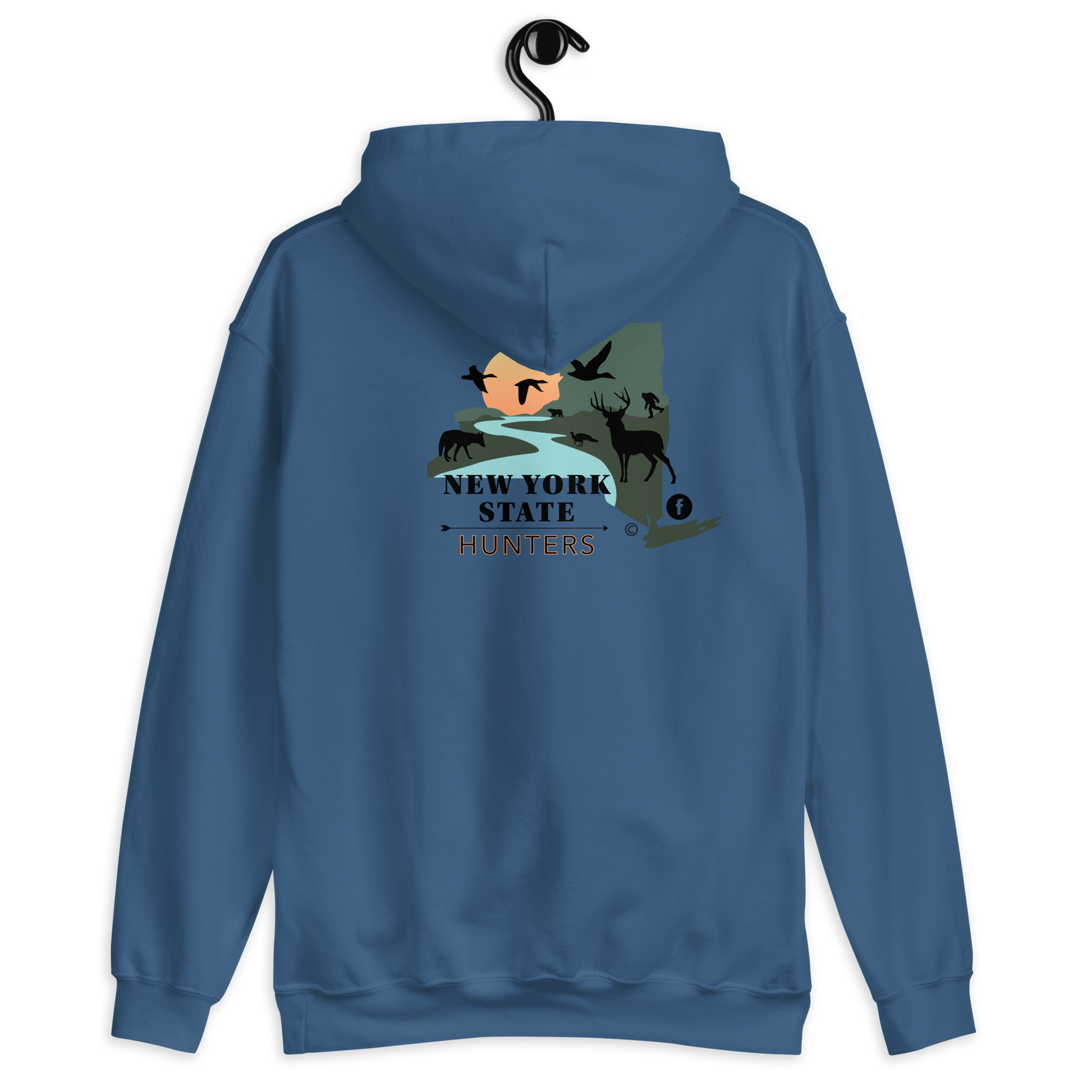 Back of New York State Hunters Hoodie in Indigo Blue Color